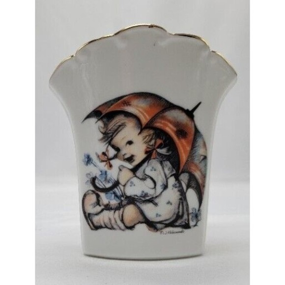 MJ Hummel Porcelain Pocket Vase‎ Umbrella Girl Ja Ich Bin Zufrieden Goebel - Picture 1 of 8